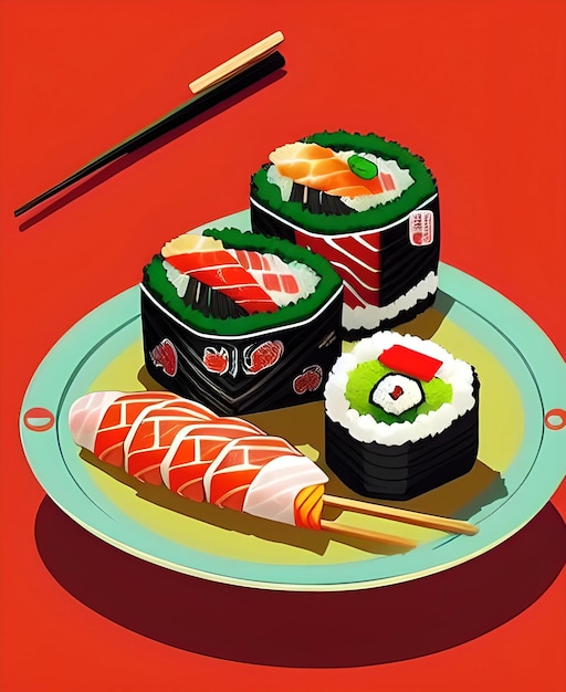 A plate of sushi and a plate of sushi on a red background.