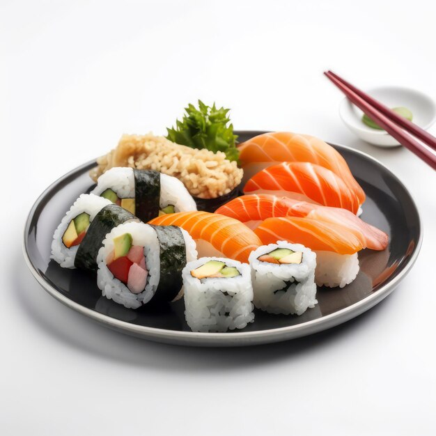 a plate of sushi roll on white background for food photography