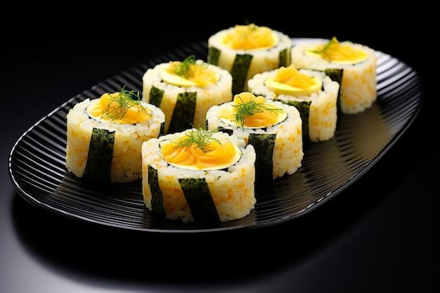 a plate of sushi rolls with an egg on top