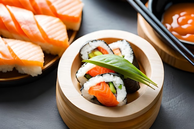 A plate of sushi and rolls with a green leaf on it