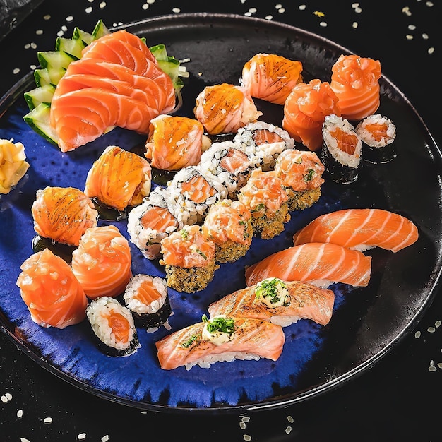 A plate of sushi and rolls with a variety of flavors.