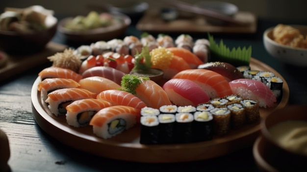 「sushi」と書かれた寿司とロールの皿