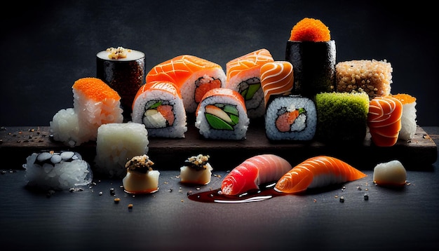 A plate of Sushi set with salmon tuna eel caviar wasabi and ginger on black background