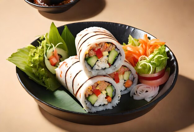 Photo a plate of sushi and some other food on a table