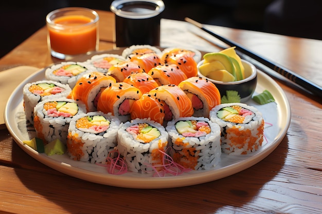 A plate of sushi on a table with a glass of orange juice Generative AI