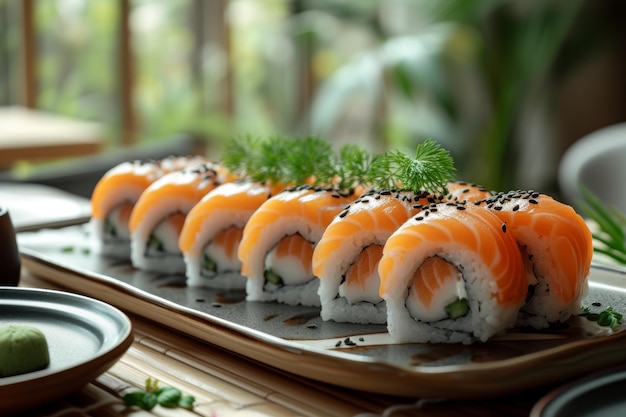 Plate of sushi on table