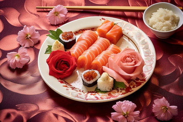 Photo plate of sushi variaton on a rose background