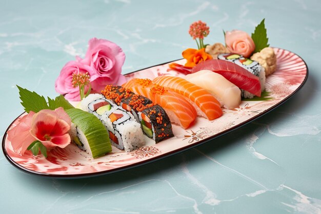 Photo plate of sushi variaton on a rose background