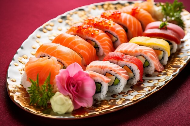 Photo plate of sushi variaton on a rose background