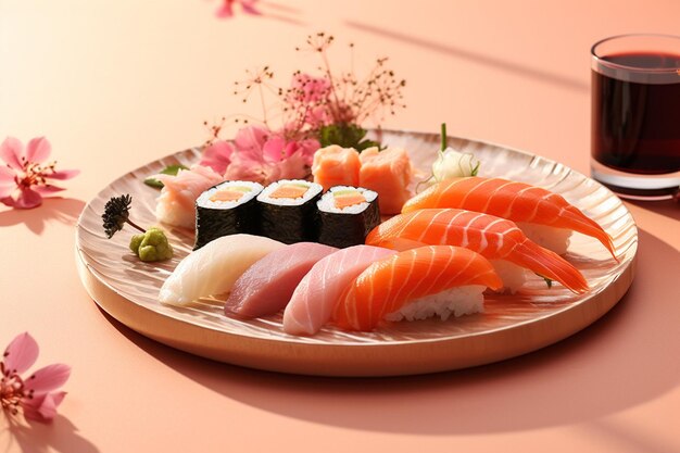 Photo plate of sushi variaton on a rose background