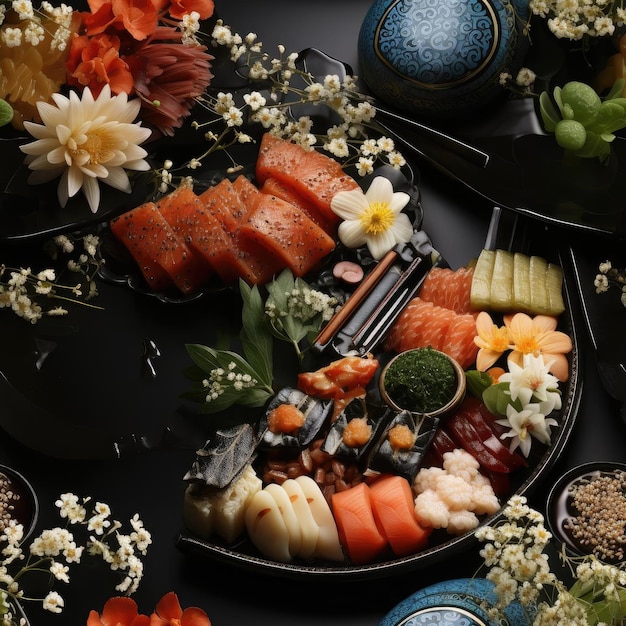 Plate of sushi vegetables flowers and mushrooms on a dark surface tiled