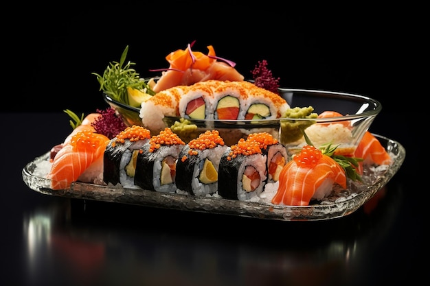 A plate of sushi on a white table with a green leaf