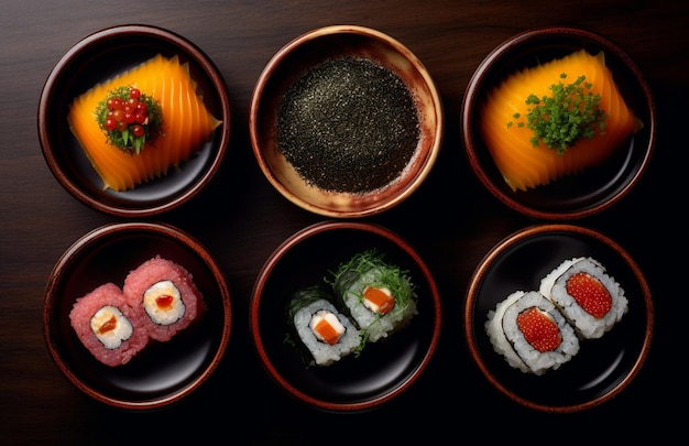 A plate of sushi with a black bowl of black powder on it.