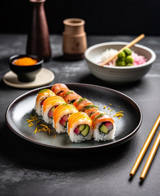 A plate of sushi with a bowl of rice and a bowl of rice.