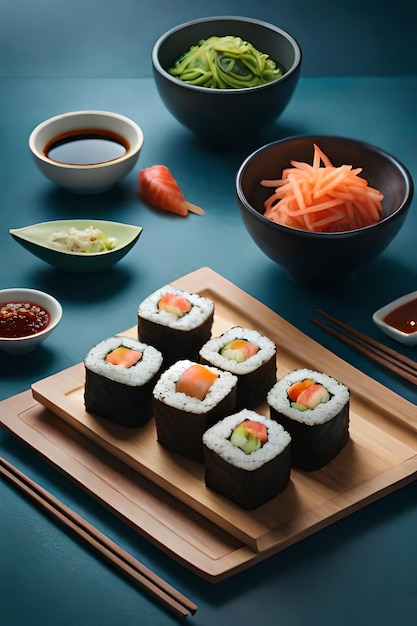 A plate of sushi with a bowl of sauce and a bowl of sauce.