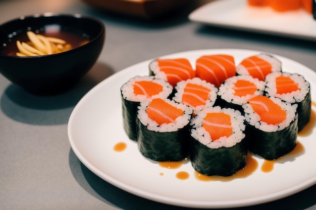 A plate of sushi with a bowl of sauce next to it