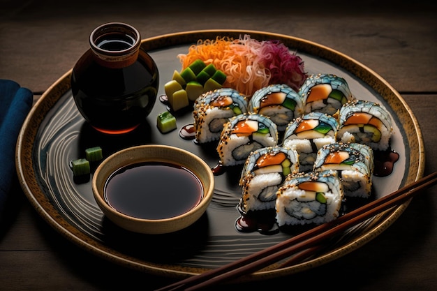 A plate of sushi with a bowl of soy sauce and a bowl of soy sauce.