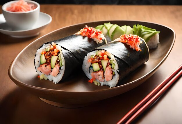 Photo a plate of sushi with a bowl of sushi on it