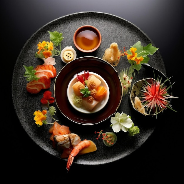 a plate of sushi with a bowl of sushi and a small bowl of sushi.