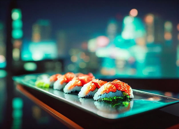 A plate of sushi with a city in the background