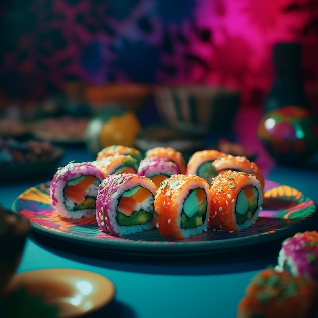 A plate of sushi with a colorful plate that says " sushi " on it.