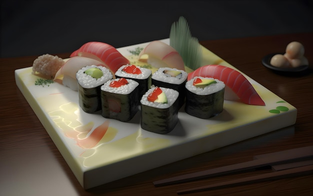 A plate of sushi with a cone on it