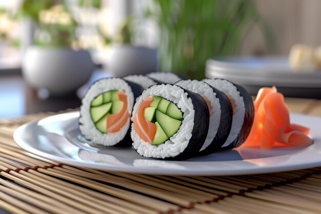 A plate of sushi with cucumber and salmon