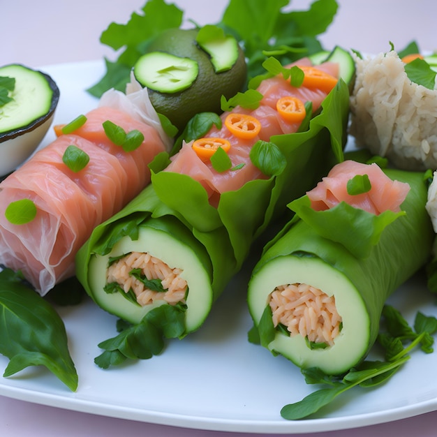 A plate of sushi with cucumbers and fish on it