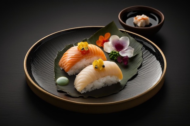 A plate of sushi with a flower on it