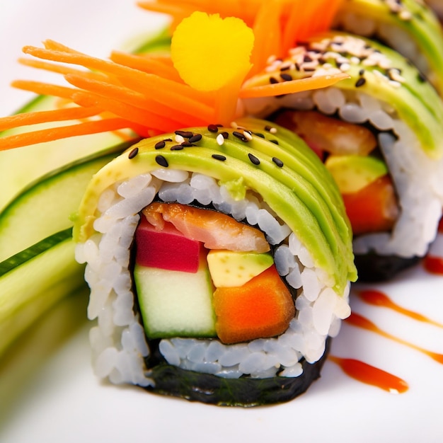 A plate of sushi with a flower on it