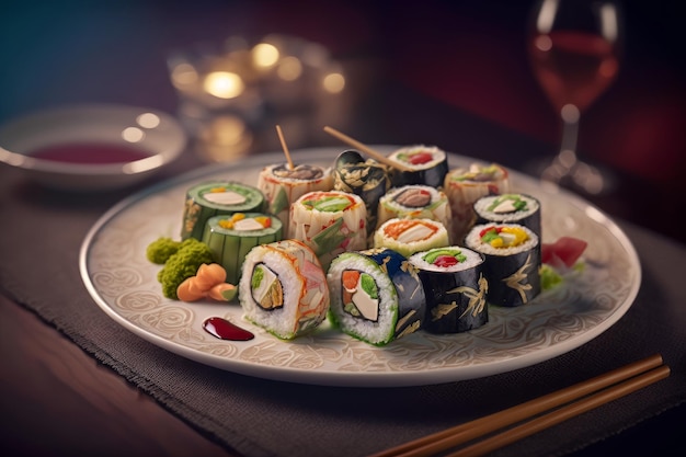 A plate of sushi with a glass of wine