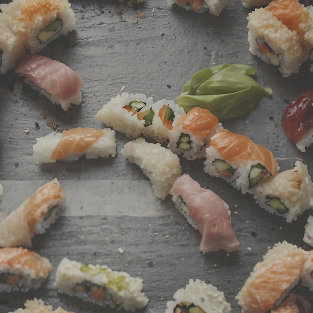 Photo a plate of sushi with a green leaf on it