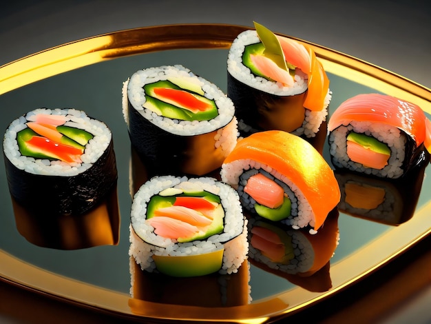 A plate of sushi with a green and red fish on it.