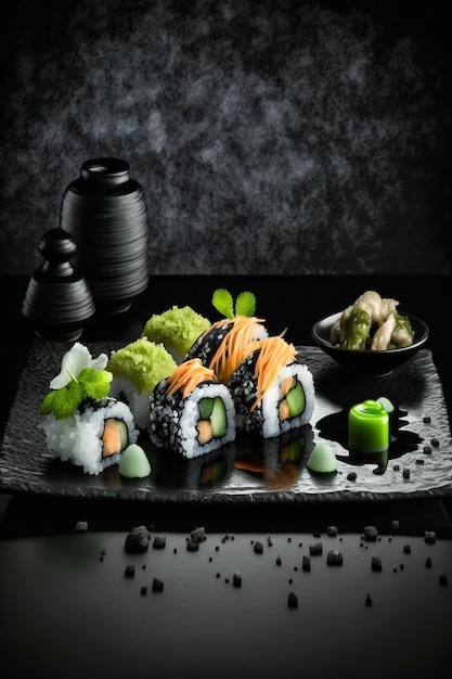 Photo a plate of sushi with a green sauce and a plate of green vegetables.