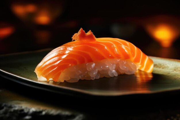 A plate of sushi with a large orange diamond on the top.