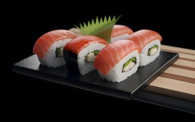 A plate of sushi with a leaf on it