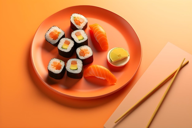 A plate of sushi with a lemon on it