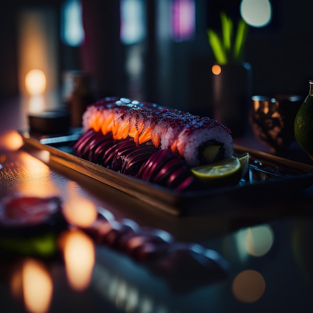 Photo a plate of sushi with a lemon slice on the side.