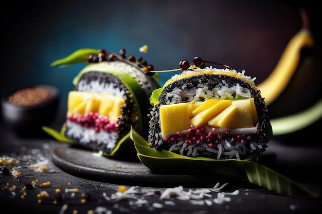 Foto un piatto di sushi con sopra mango e mango