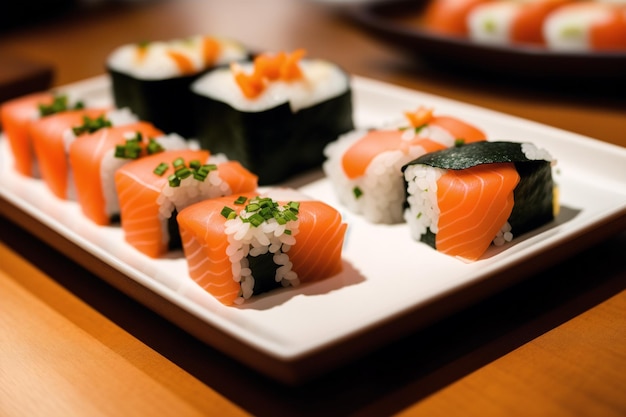 A plate of sushi with a number of different flavors