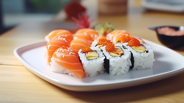 a plate of sushi with one of the pieces of sushi on it