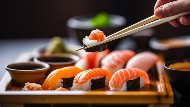 A plate of sushi with a pair of chopsticks.