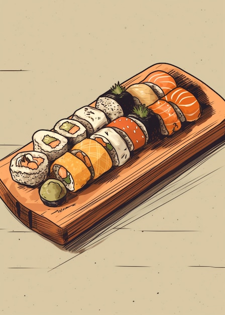 A plate of sushi with a picture of a green vegetable on it.