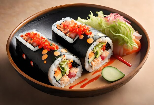 a plate of sushi with a piece of sushi on it