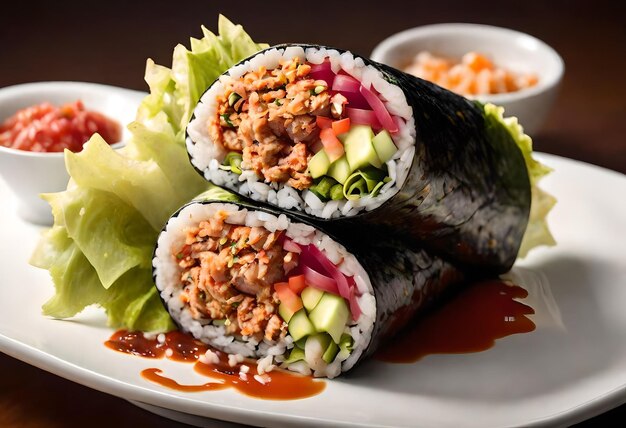 a plate of sushi with a piece of sushi on it