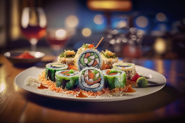 A plate of sushi with a plate of food on it