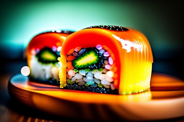 A plate of sushi with a rainbow colored ring on the middle.