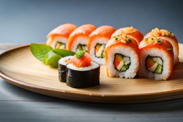 A plate of sushi with salmon and cucumber