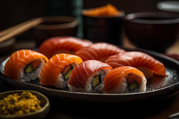 A plate of sushi with salmon on it Generative AI