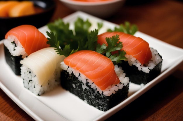 A plate of sushi with salmon on it